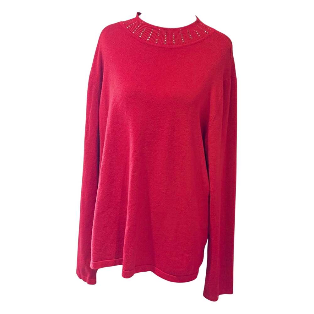 Karen Scott Women’s XXL Red Solid Knit Crew Neck Pullover Rhinestone Sweater